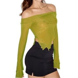 Cider-Mesh Lettuce Trim Off-shoulder Long Sleeve Top-Size: Large-Green-NEW!!